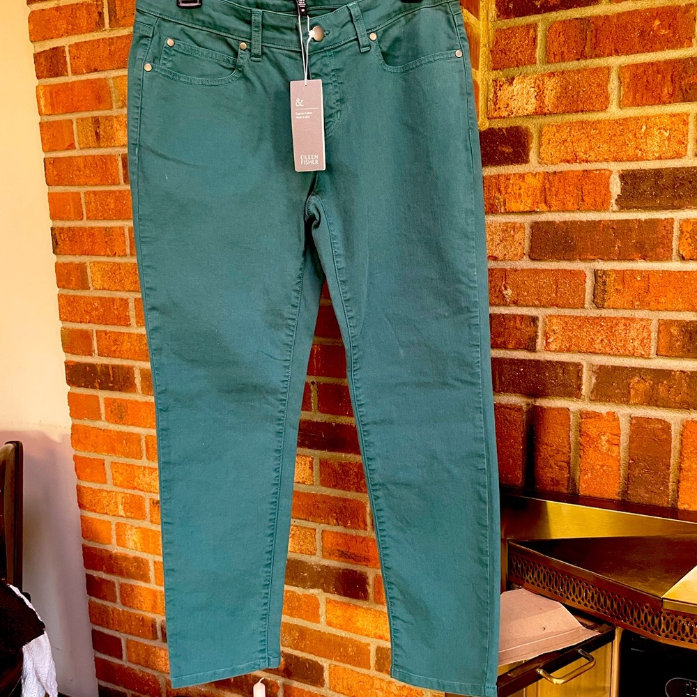 Eileen Fisher skinny ankle green jeans. Organic cotton, Made in USA.